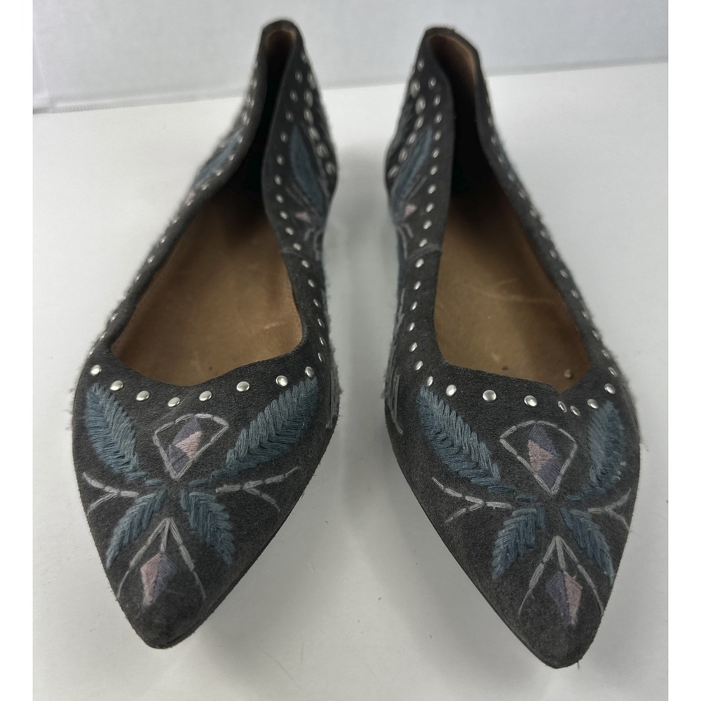 Frye Embroidered Studded Pointed Toe Slip On Ballet Flats Gray Suede 9M Size 9 - Picture 3 of 10